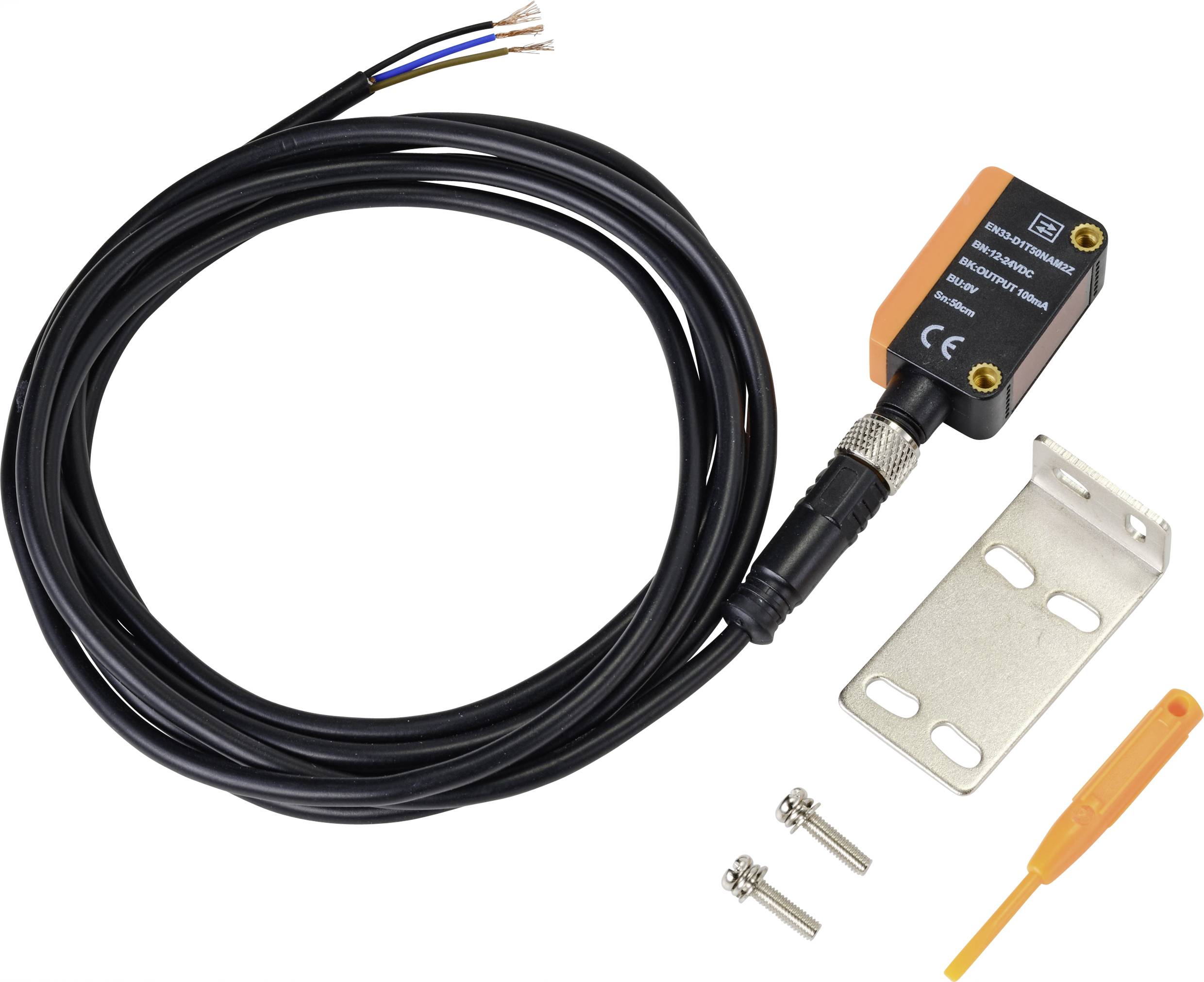 Sensor with long cable, metal mounting bracket, screws, and plastic tool.