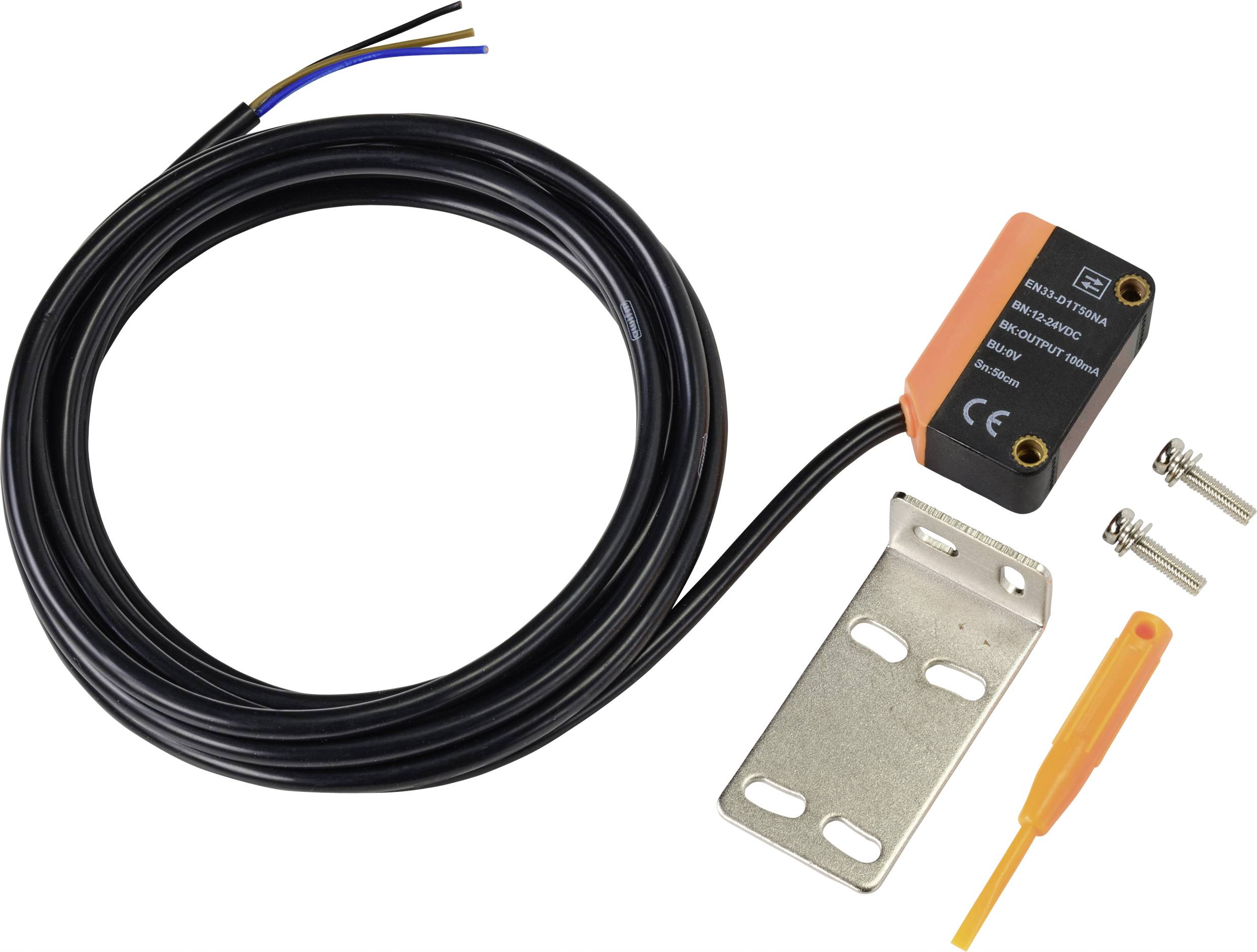 Inductive proximity switch with cable and mounting accessories, including metal bracket, screws and small screwdriver.
