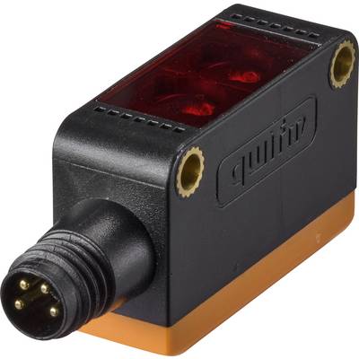 Rectangular sensor with a black housing and orange stripe, two golden mounting holes and a 4-pin connector.