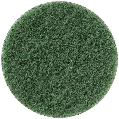 A green scouring sponge in a circular shape, commonly used for cleaning in kitchens and households.