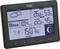 Electronic weather display shows: Weather forecast with clouds, outdoor and indoor temperature, air pressure, humidity, time, date and moon phase.