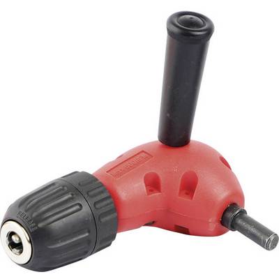 A red, right-angled screw cap tool with a black turning handle and drill chuck, suitable for hard-to-reach areas.