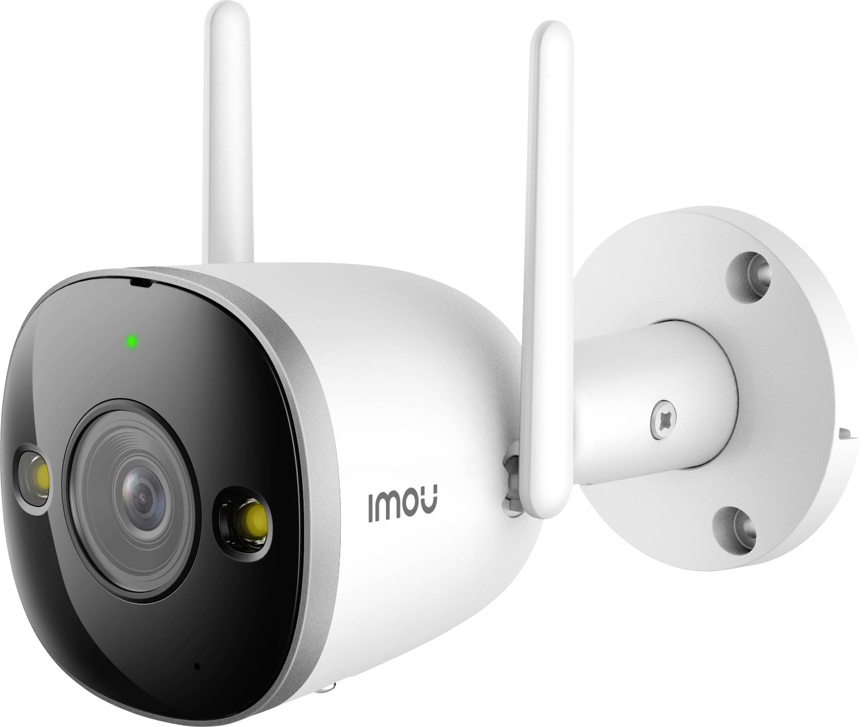 Surveillance camera with two aerials and "imou" logo, suitable for outdoor use. It features a wide-angle lens and LED lights.