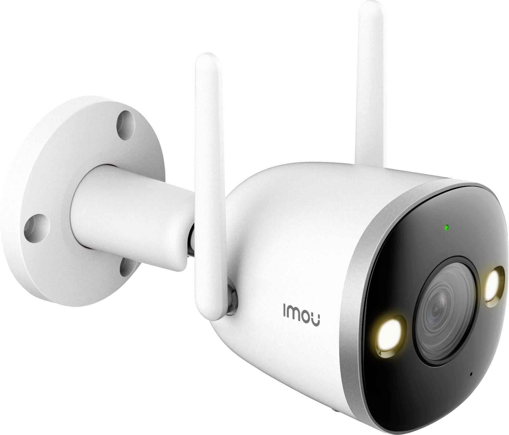 Outdoor surveillance camera with night vision and two antennae, mounted on a wall bracket.