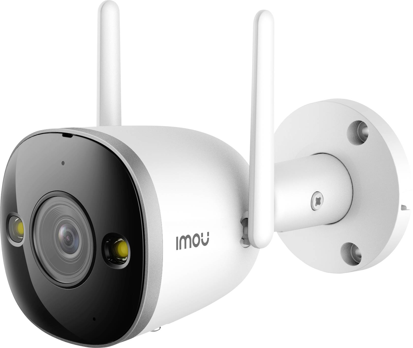 A white security camera with two aerials and a lens is mounted on the wall. It bears the inscription 'imou'.