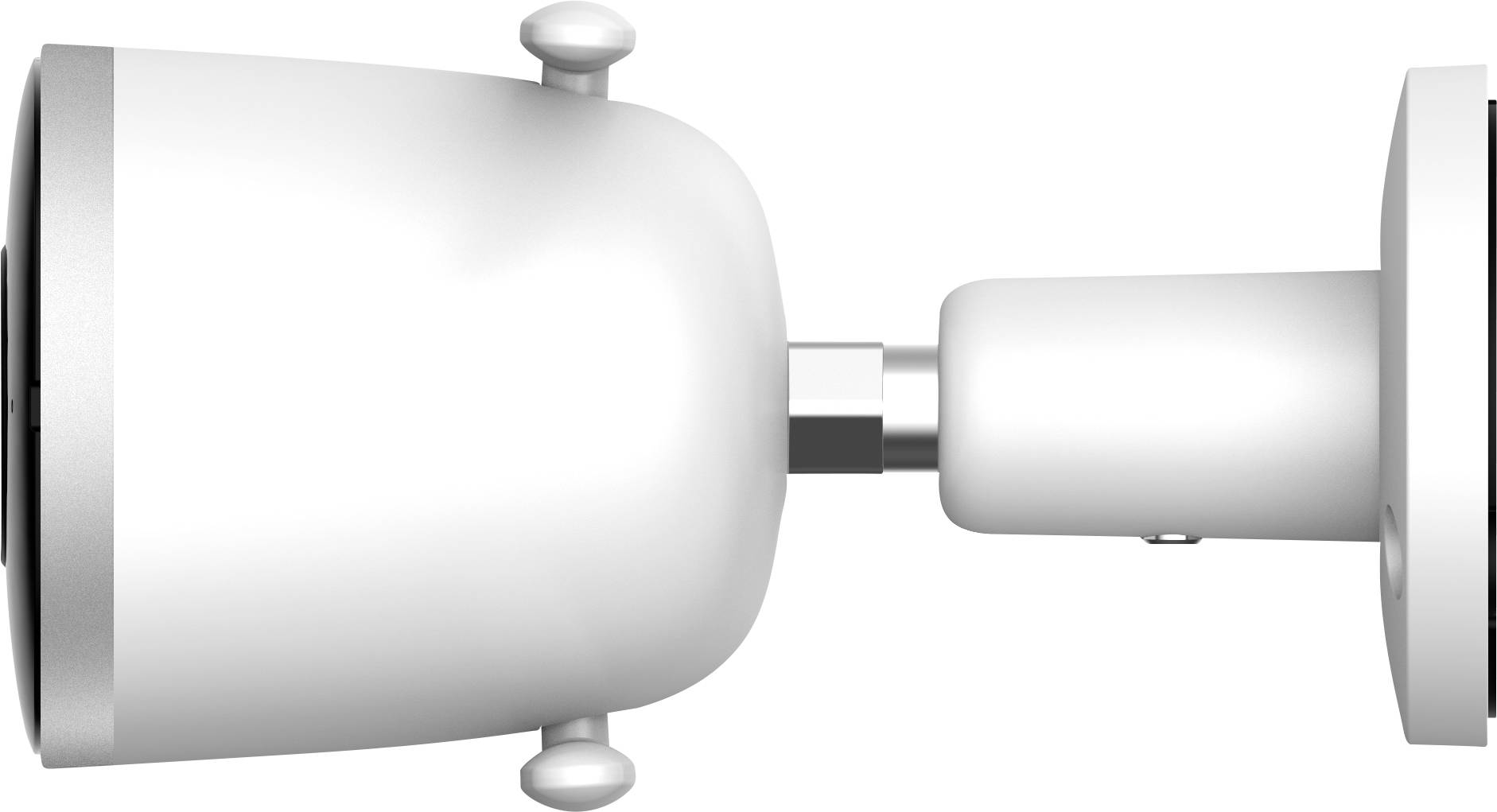 White security camera with wall mount, viewed from the side.