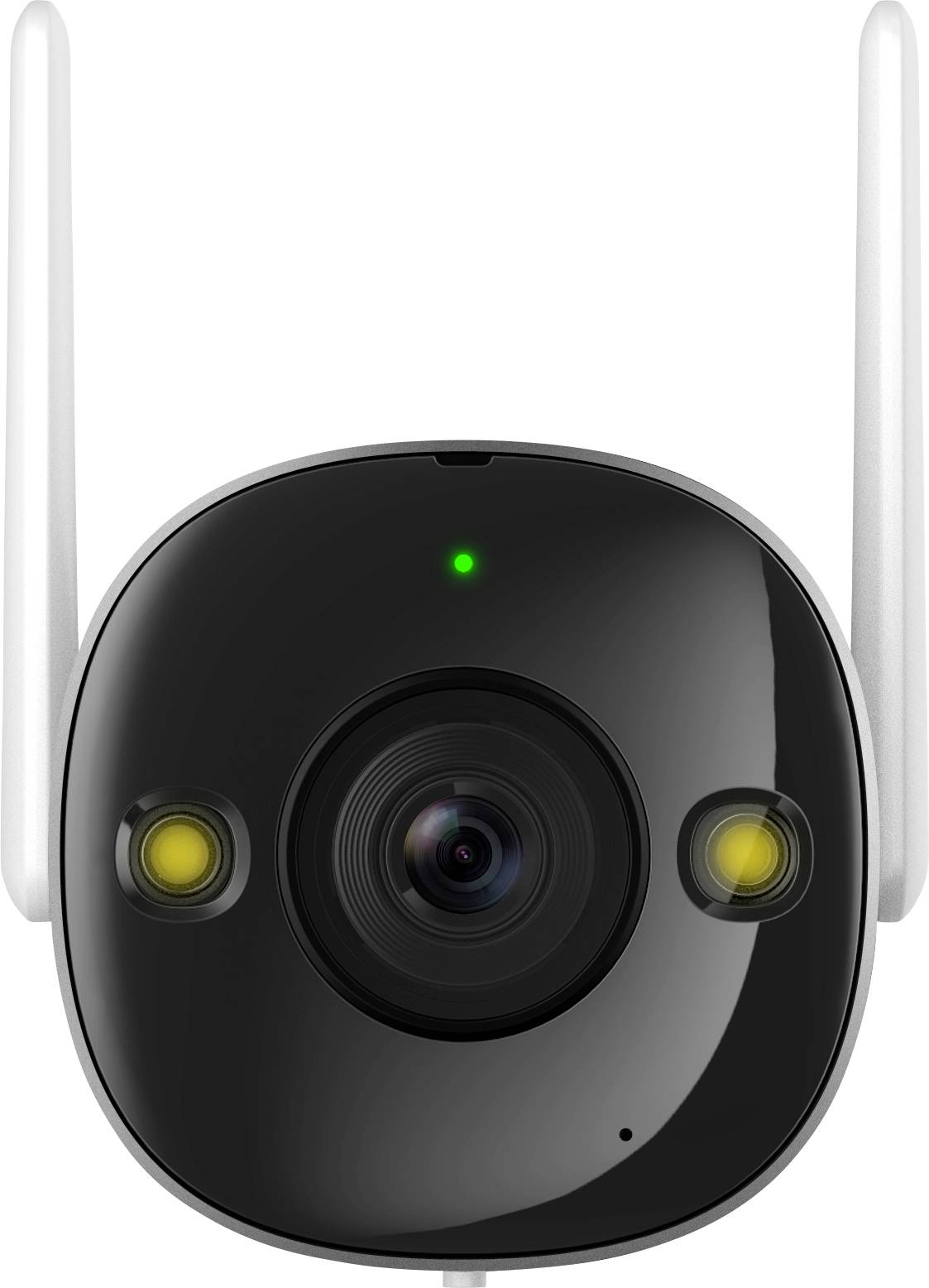A black surveillance camera with two aerials and three visible sensors, shown front-on.