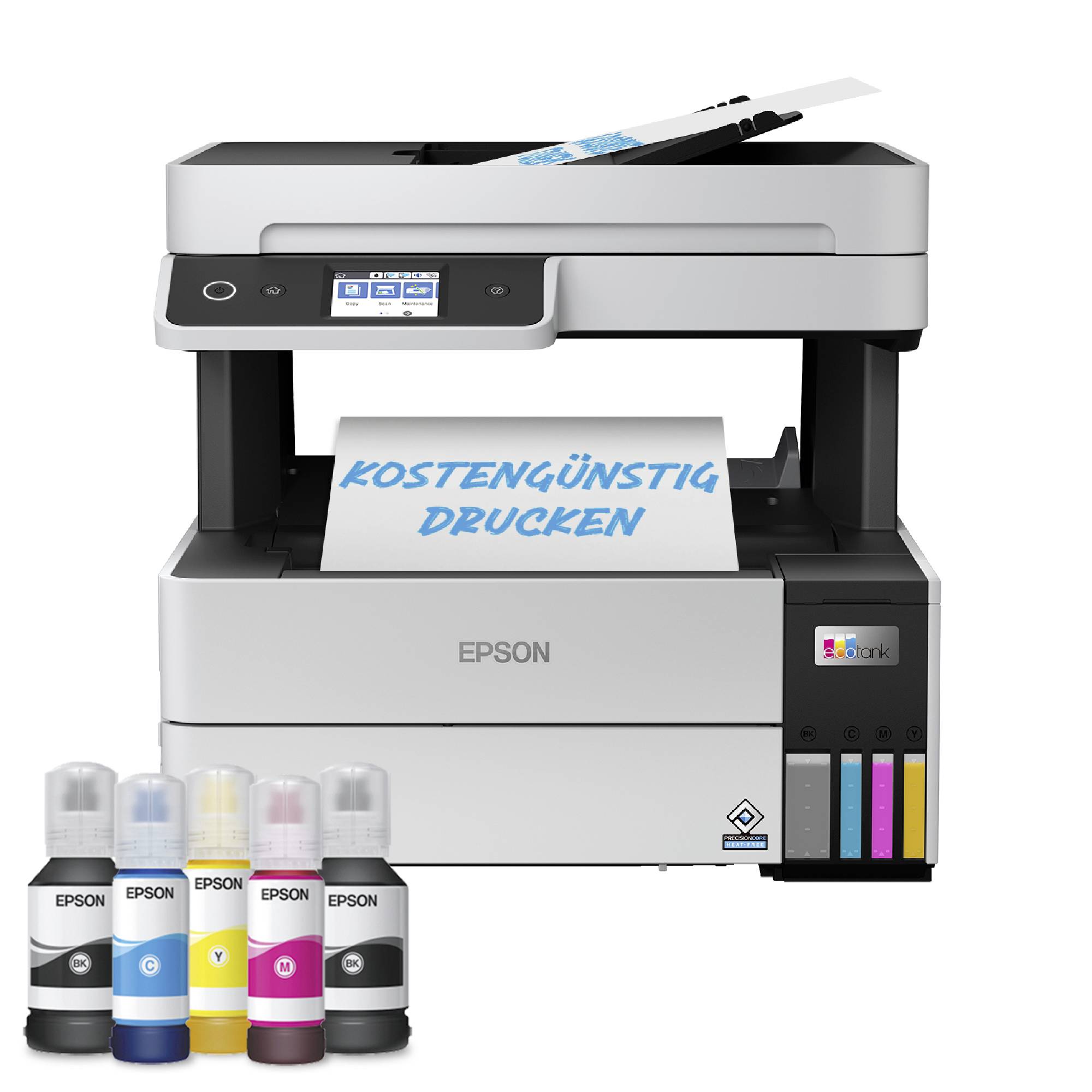 'Printer with ink bottles at the front. Print shows text: LOW-COST PRINTING. Symbolises cost-efficient printing.'