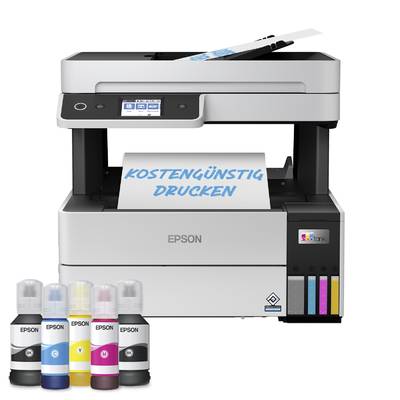 'Printer with ink bottles at the front. Print shows text: LOW-COST PRINTING. Symbolises cost-efficient printing.'