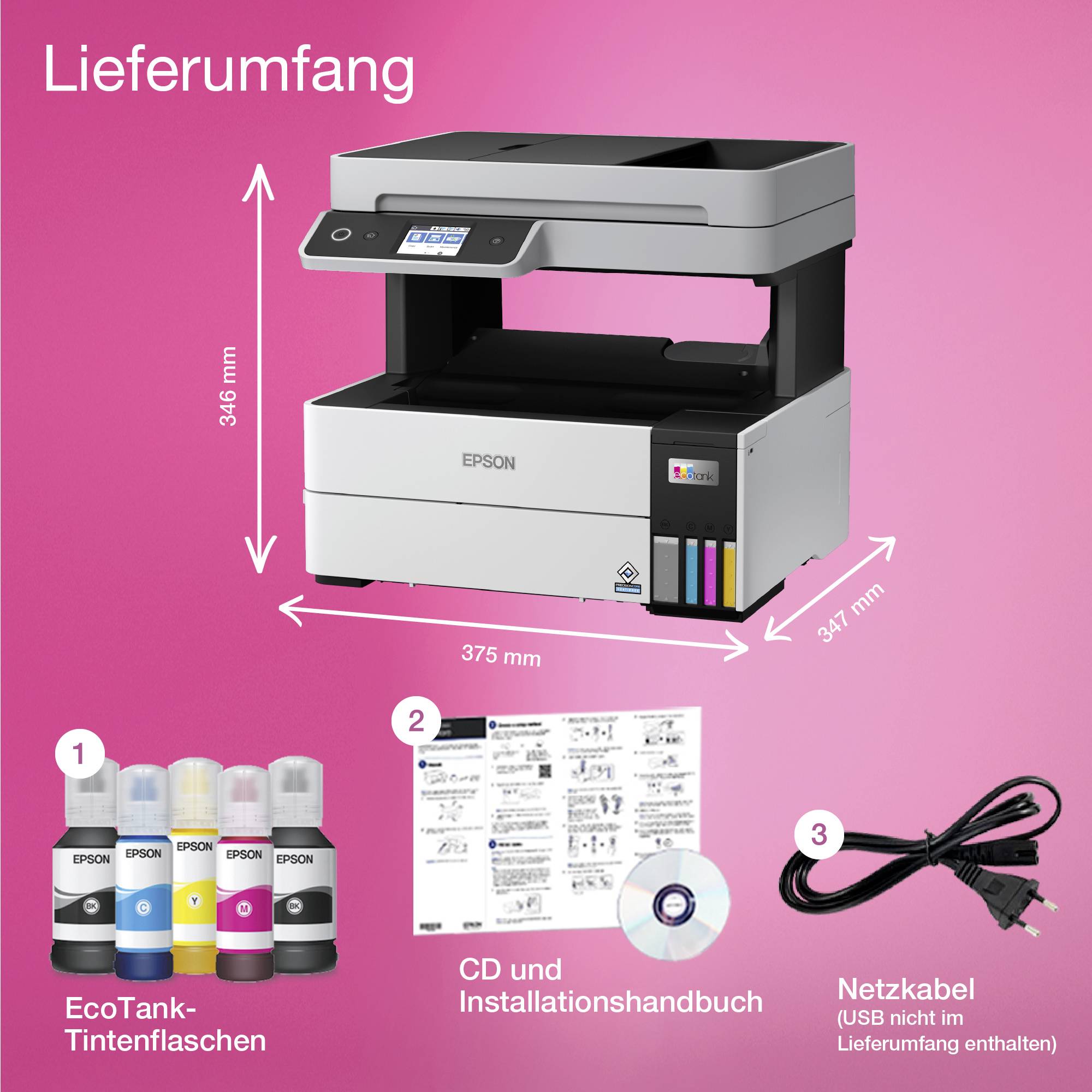 Epson Multi-Function Printer with Accessories. Delivery includes: Printer, EcoTank ink, installation manual CD, and power cable. Dimensions: 346 x 375 x 347 mm.