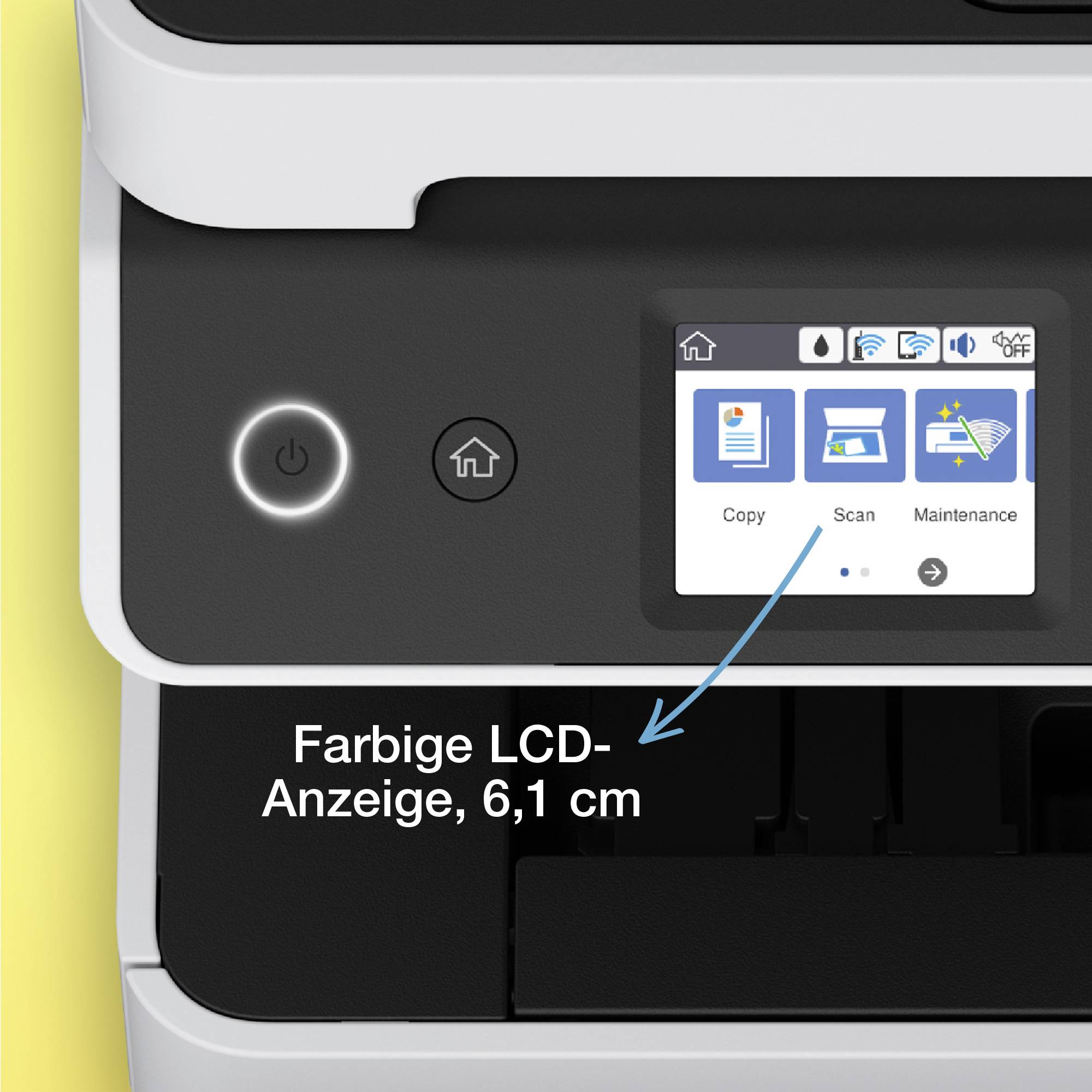 A printer with a colour 6.1 cm LCD display, showing options such as copying, scanning, and maintenance.