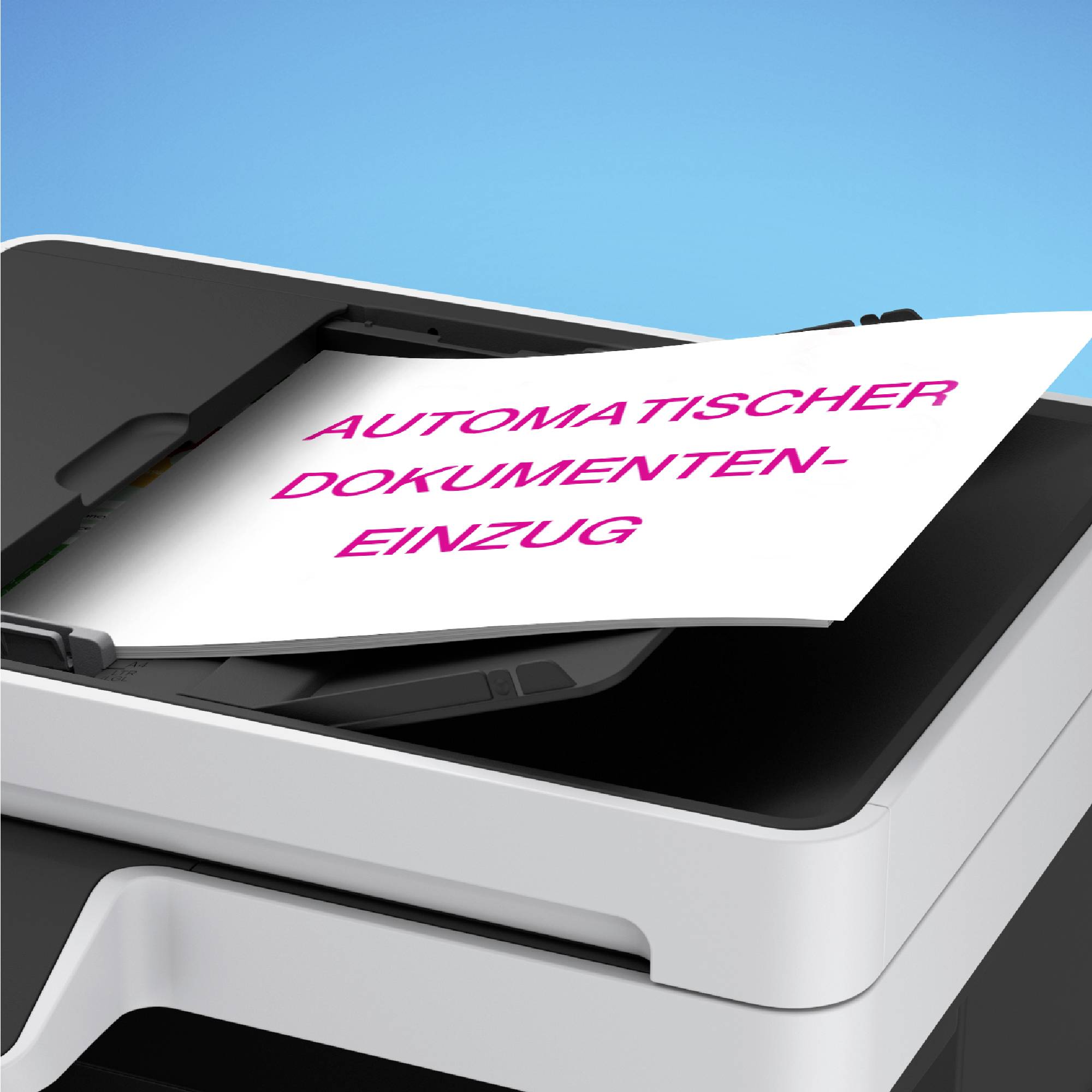 A printer with a sheet in the automatic document feeder, displaying the text 'Automatic Document Feeder'.
