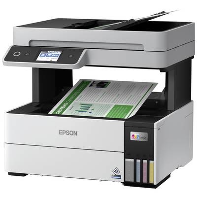 Multifunction printer prints a document with diagrams and text. It has an LCD control panel and ink tanks at the front.