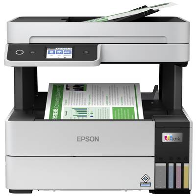 A printer with a document in the top tray and another in the output tray. The display shows various printing options.