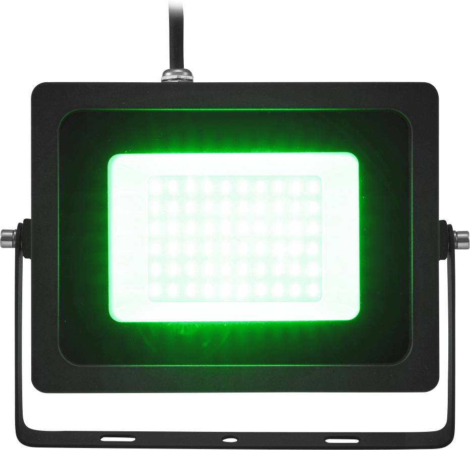 A rectangular LED floodlight is illuminating in bright green. Black-framed housing; the power cable connection is visible at the top.