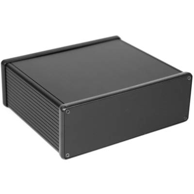 Black, rectangular metal enclosure with screwed corners, typical of electronic devices or project boxes.