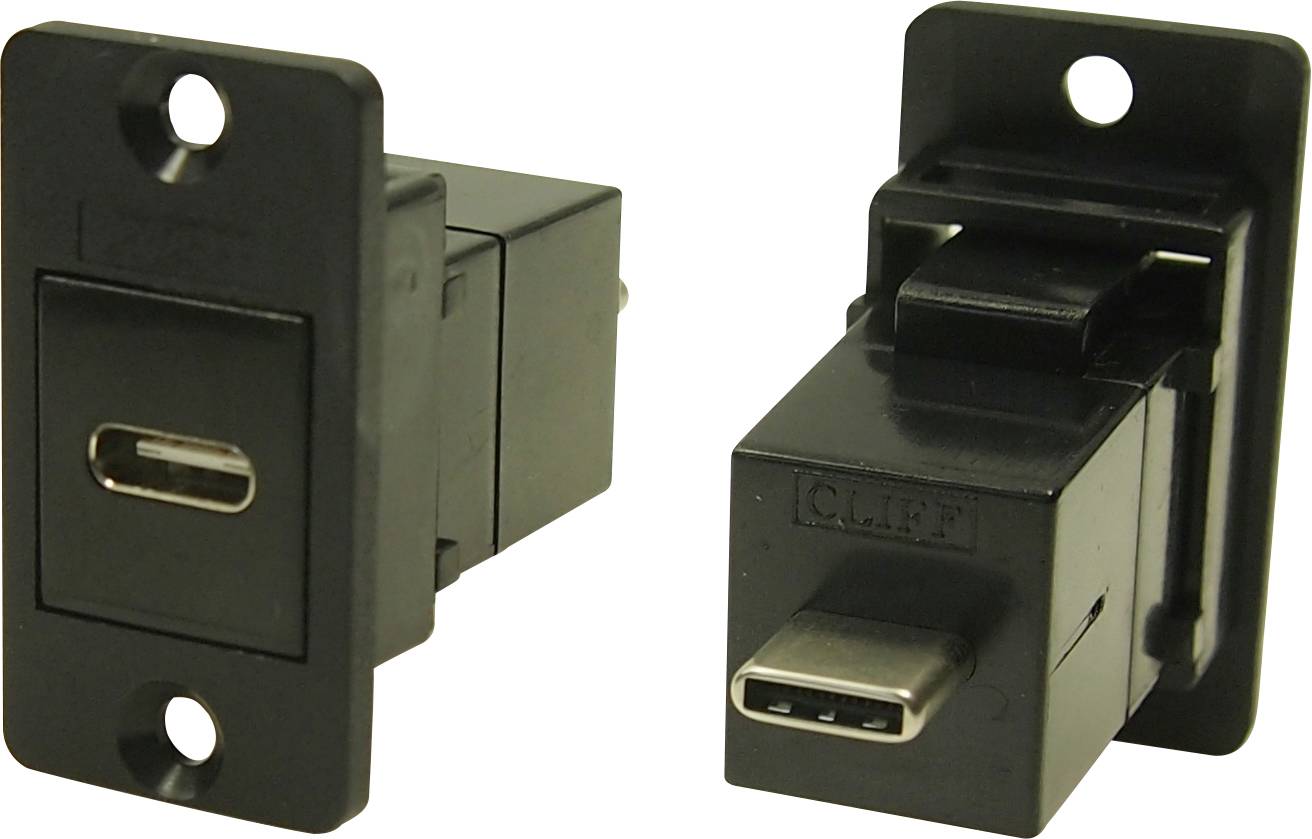 Two black USB-C socket ports side by side, one facing forwards, the other facing backwards, both with rectangular mounting plate.