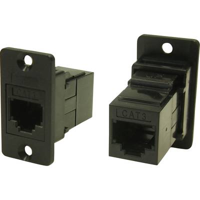 'Black CAT3 network socket with rectangular shape, taken from the side. Suitable for telecommunications applications.'