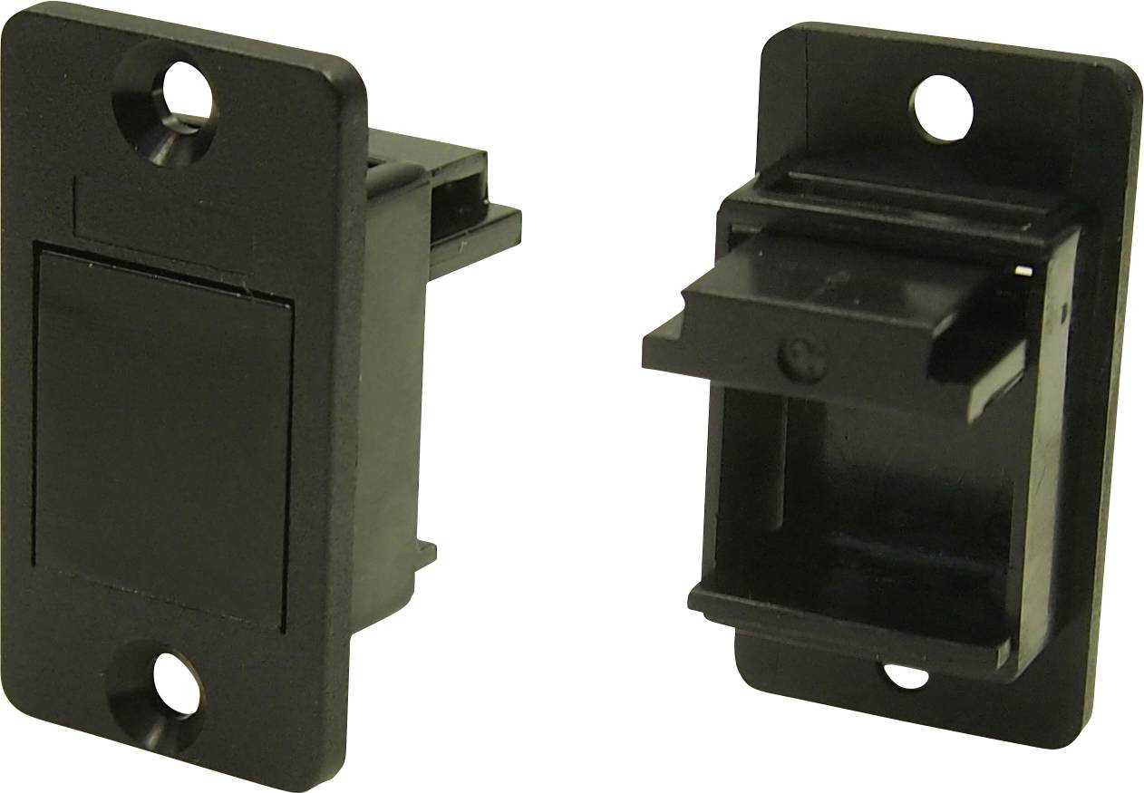 Two black plastic wall panels with rectangular cutouts, suitable for cable management or connection modules.