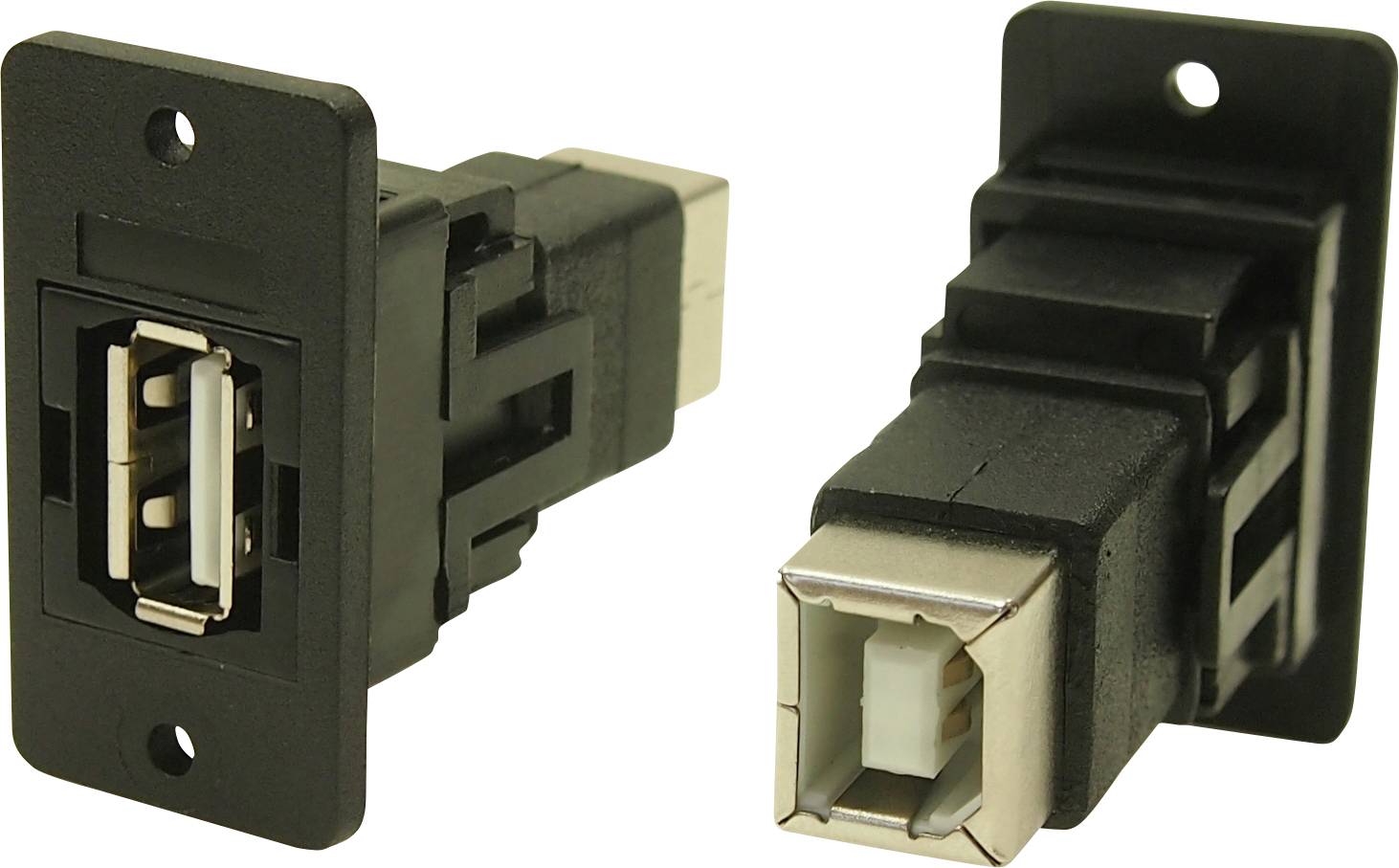 Two USB socket adapters in a black housing, one shown from the front with the visible socket, the other shown from the side.