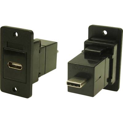 A black adapter with a USB-C port. One shows the front side with the connection socket, the other side the USB-C plug.