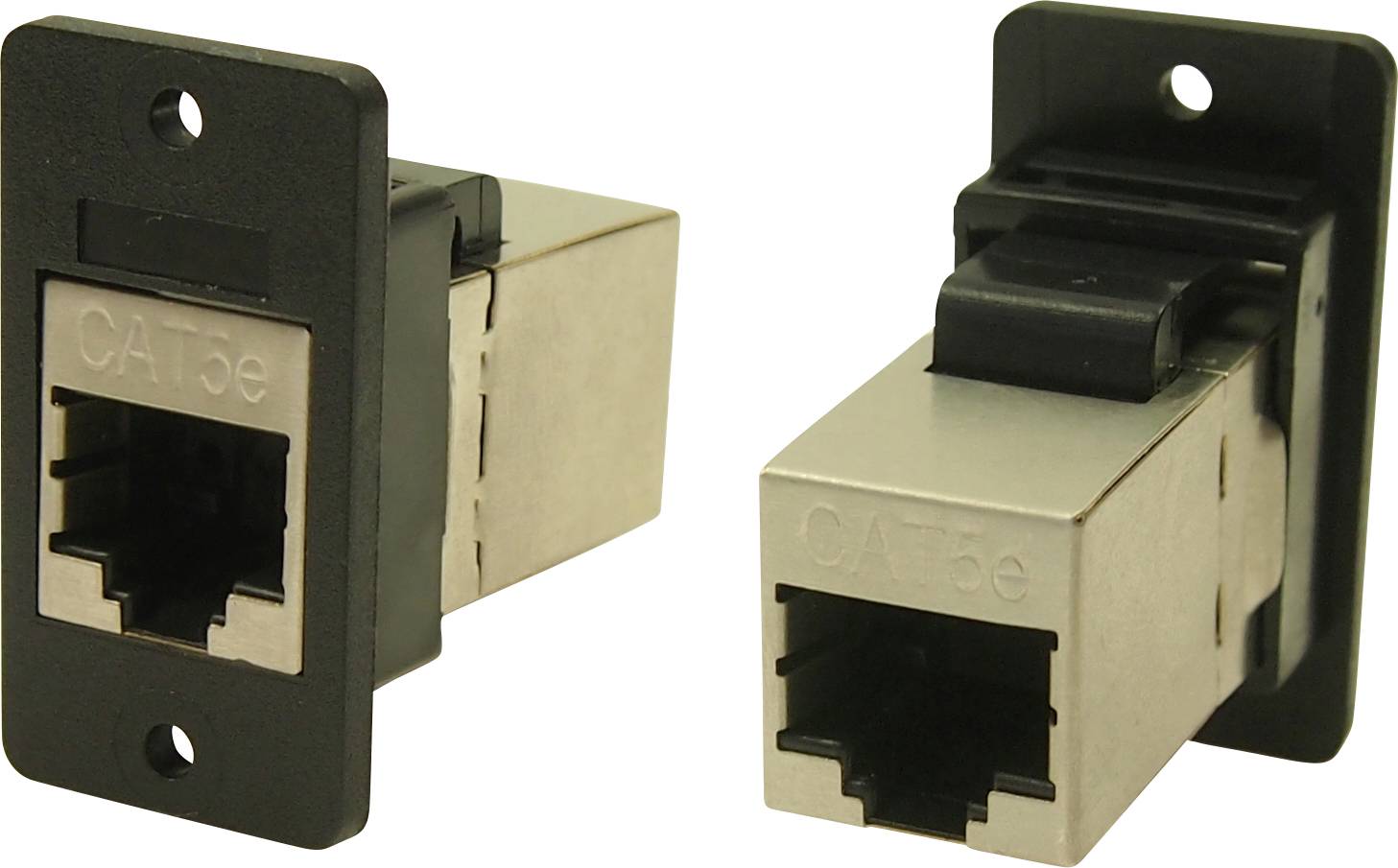 Two CAT5e network adapters, one in a black casing, one in a silver metal housing, suitable for wall or device installation.