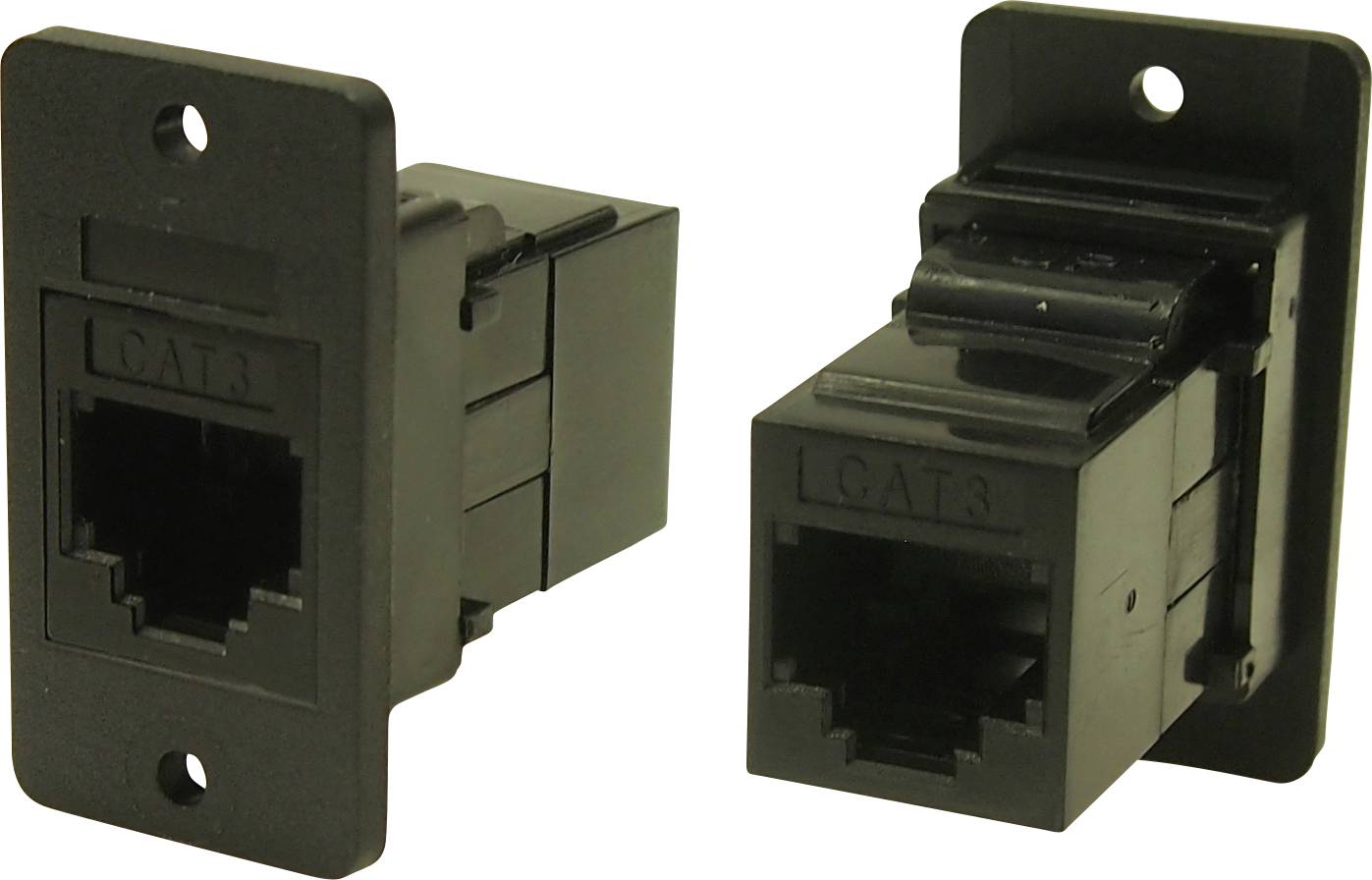 Two black CAT3 network sockets, one shown frontally, one from the side, installed for network connection.