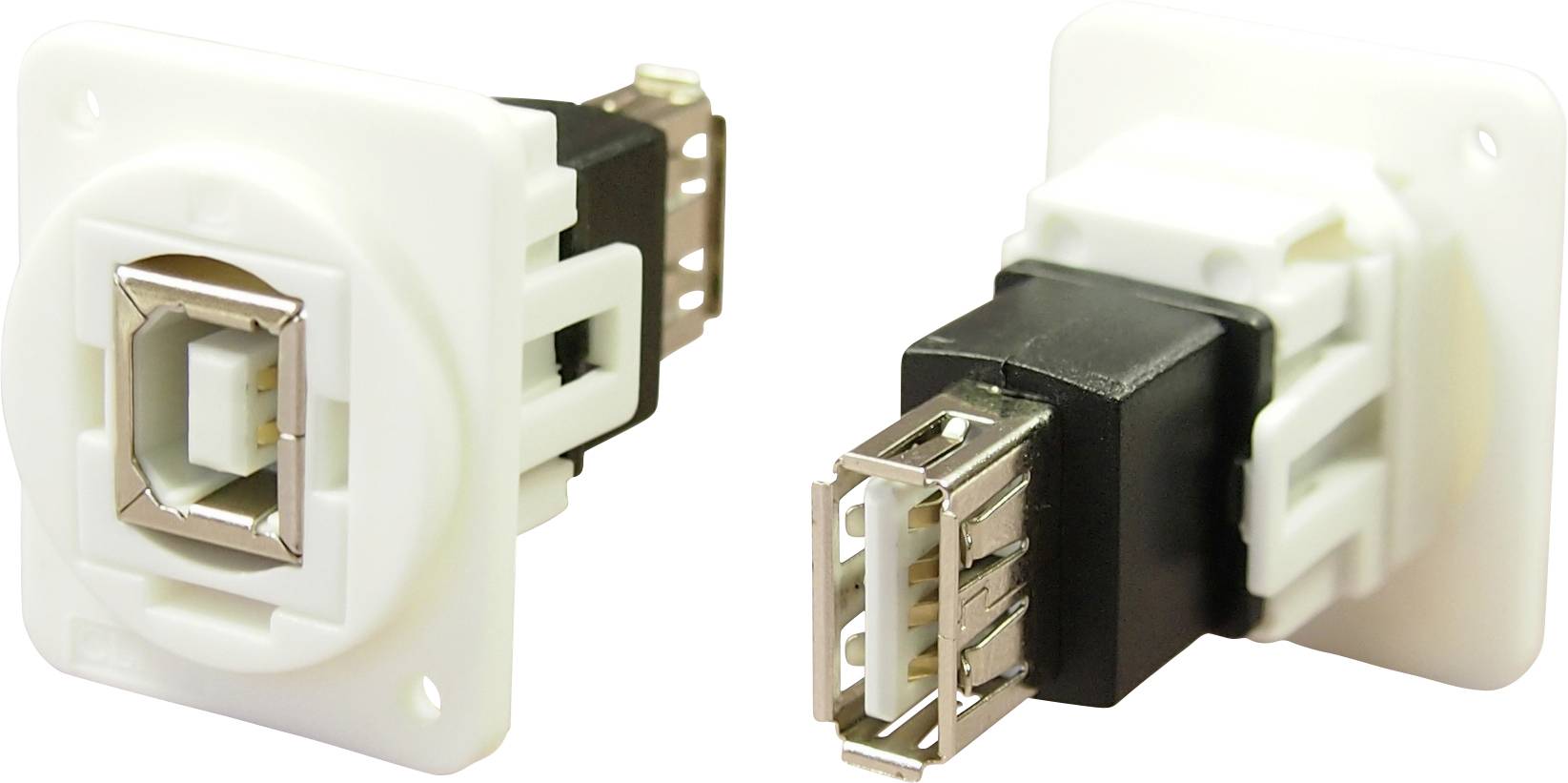 Two white USB sockets, one showing the connection from the front, the other from the side. They are suitable for installation in devices.