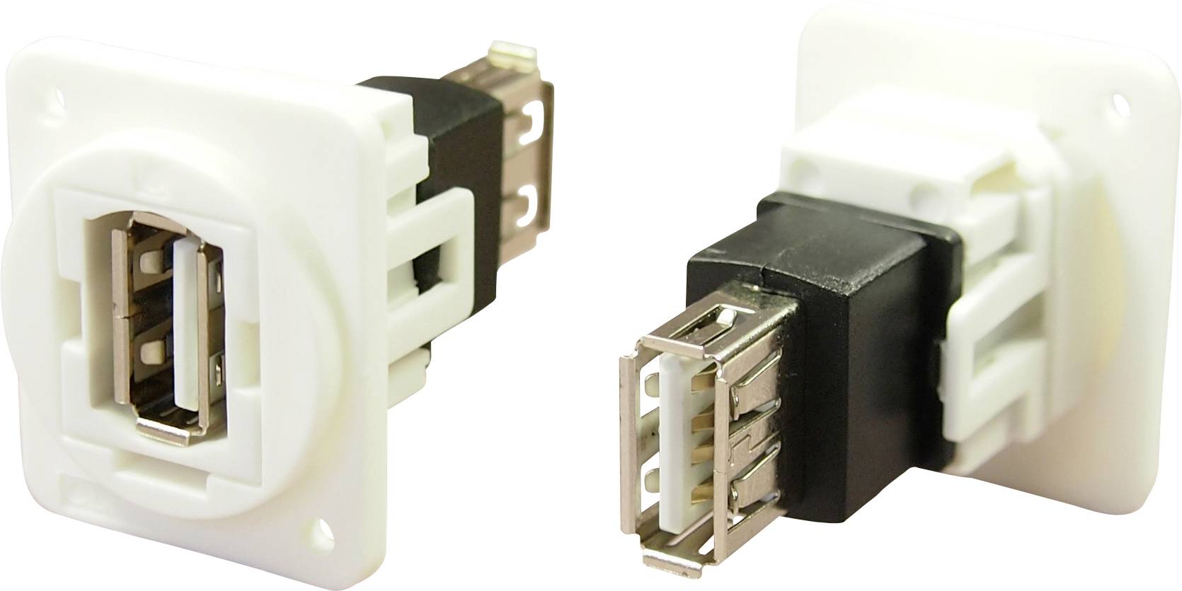 Two white USB sockets, each with a black and metallic plug, show connection details in a rectangular mounting.