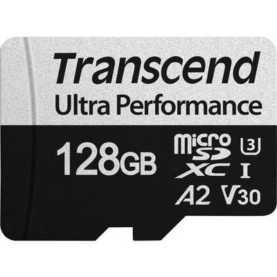 'Micro SD card labelled 'Transcend Ultra Performance', storage capacity 128GB, microSDXC UHS-I speed class, A2, V30.'
