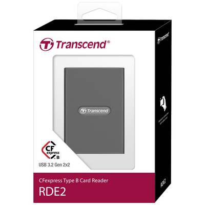 Transcend CFexpress Type B Card Reader RDE2 in packaging, suitable for USB 3.2 Gen 2x2, with brand logo and product name.
