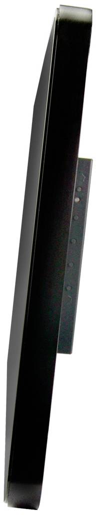 Black flat screen monitor from the side, mounted on a bracket, shows its slim design.