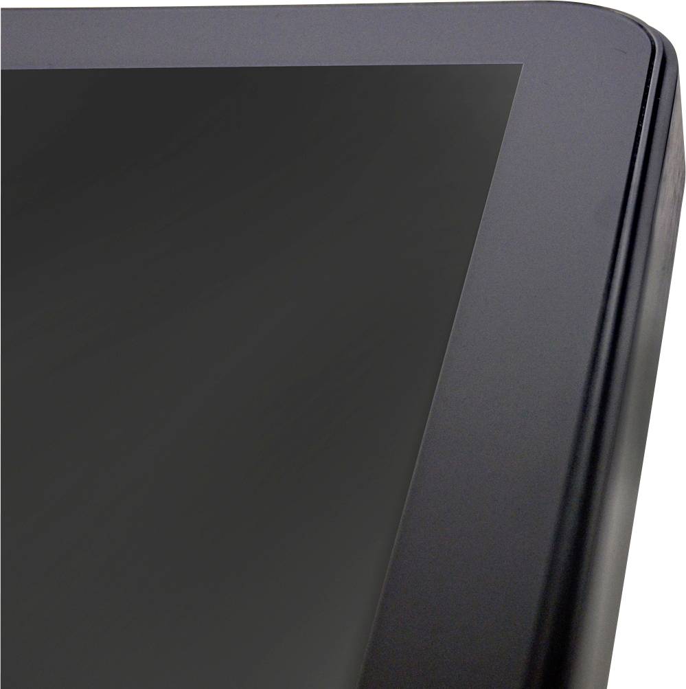 The corner of a black rectangular screen or device, likely a tablet or monitor, with a glossy surface.
