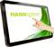 A hand touches the screen of a Hannspree monitor with a green graphic design on a white background.