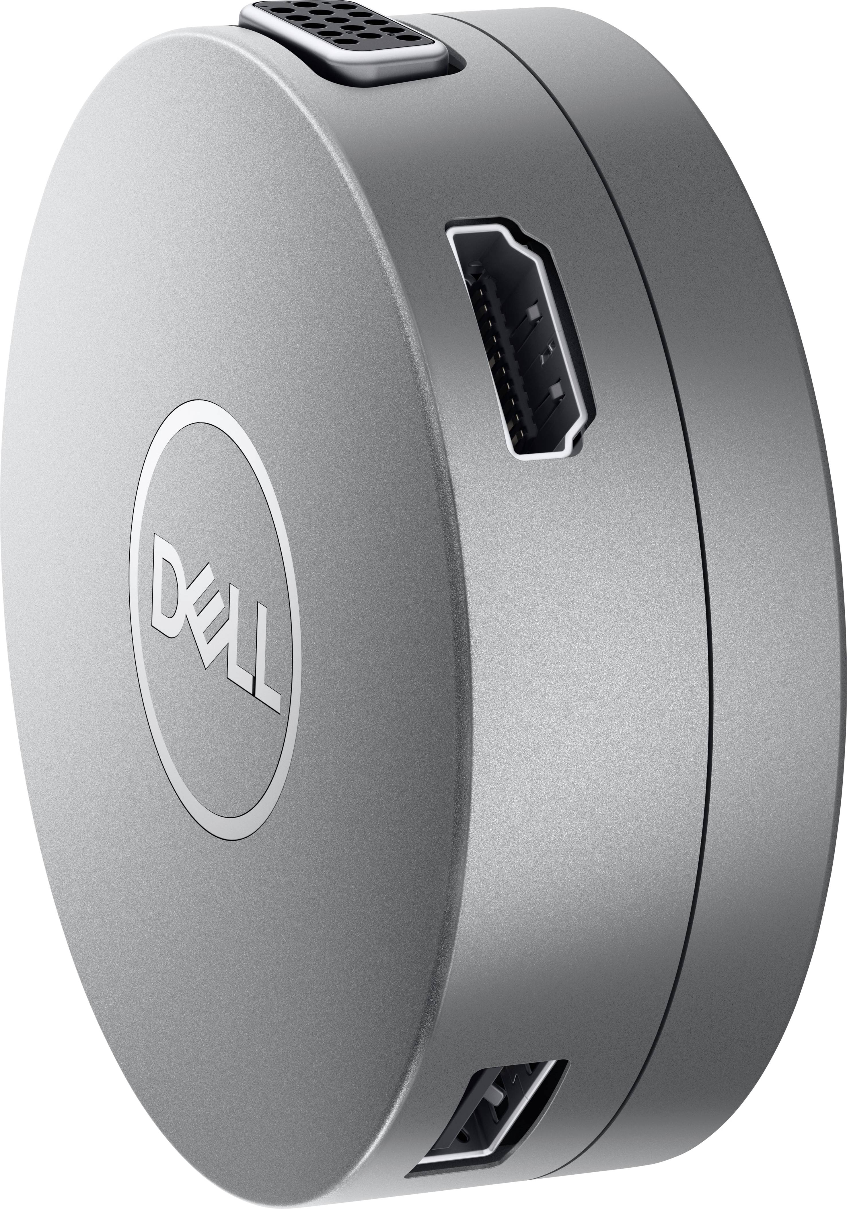 A round, silver adapter with the Dell logo, featuring multiple ports for video and data transmission, demonstrates a robust design.