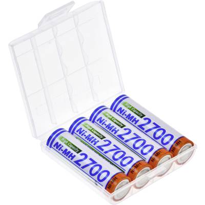 A transparent box containing six rechargeable Ni-MH batteries, each labelled '2700 mAh', demonstrates battery storage options.