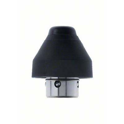 Drill chuck, tapered in shape, black with metallic details at the bottom. Suitable for holding and changing drill bits in drilling machines.