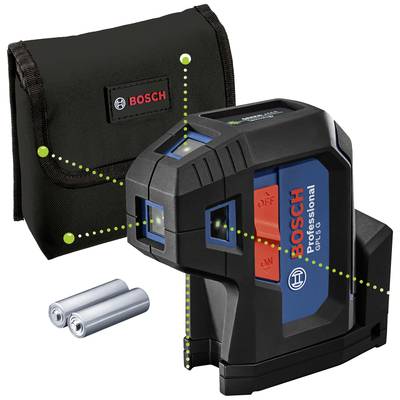 Bosch Cross-Line Laser 'Quigo' with diagonal green lines, batteries and black protective case for precise alignment.