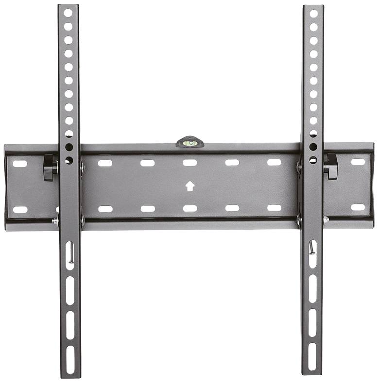 Metal TV wall mount for flat screens. Adjustable rails and integrated spirit level for precise alignment.