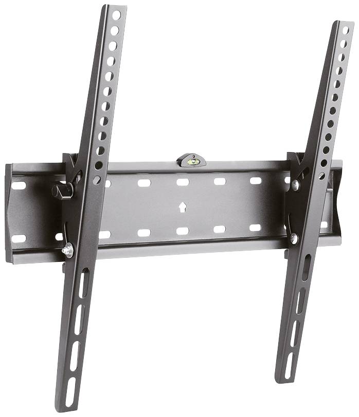 A adjustable wall mount for flat screens, black, with two long rails and multiple mounting holes.