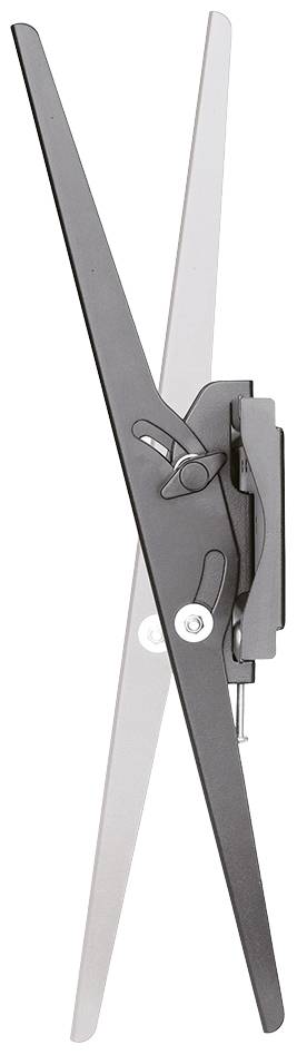 A black, adjustable metal component resembling a protractor, with two long, flat arms positioned opposite each other.