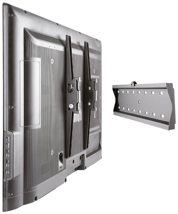 A large flat-screen television is mounted with a sturdy wall bracket. The bracket demonstrates its robust construction.