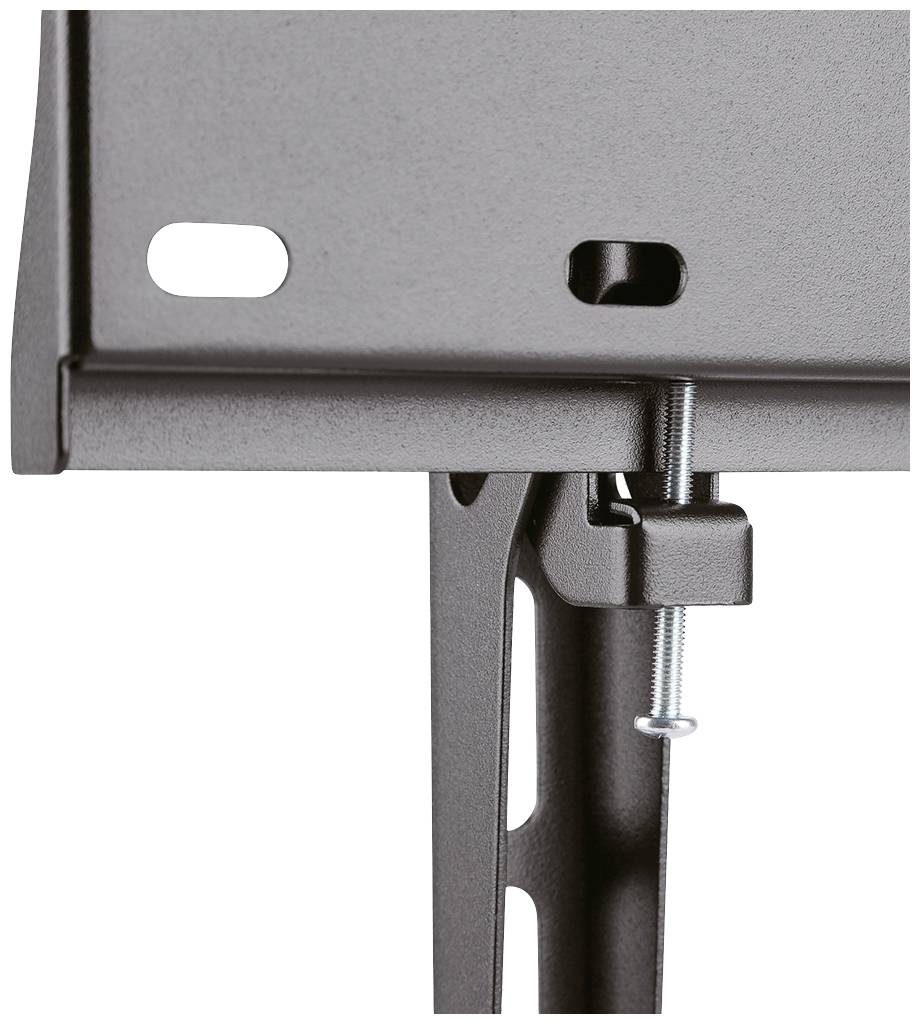 Metal mounting bracket with screw fixation, suitable for stable installations. Contains elongated and circular cut-outs.