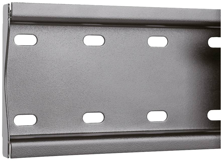 Metal plate with several elongated holes in two rows. It is used for flexible fixing in construction or engineering projects.