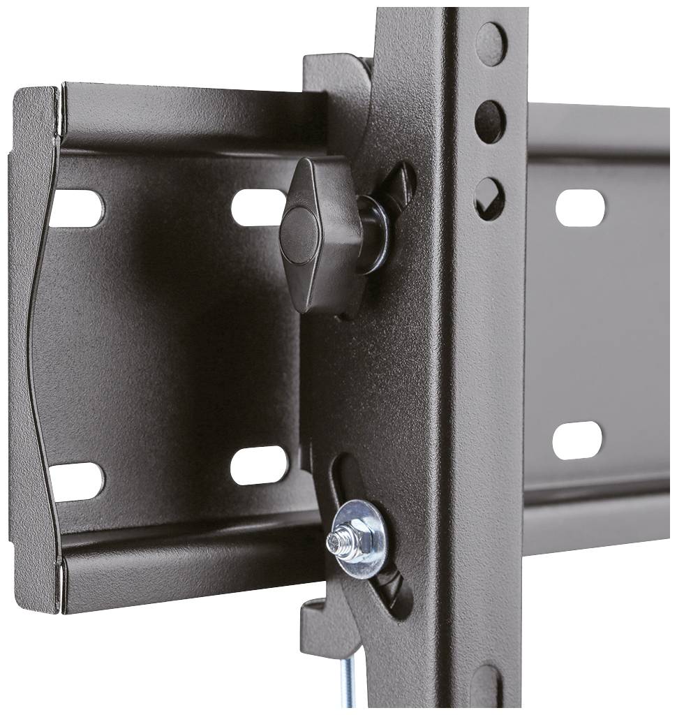 Close-up of a black metal bracket with screws and holes, suitable for wall mounting.