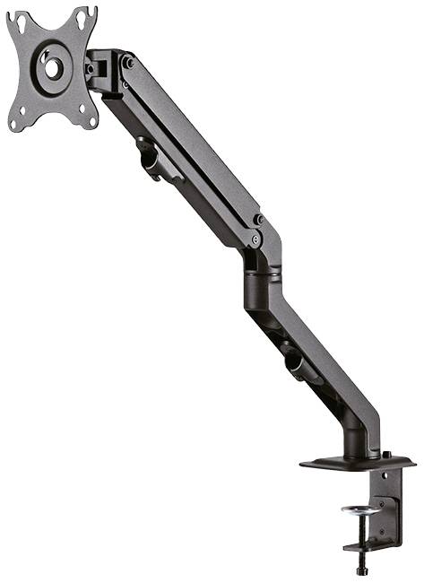 Adjustable metal monitor arm with a clamp for attaching to desk edges, suitable for flexible screen positioning.