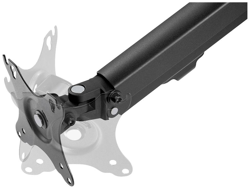 A black monitor arm with VESA mount, mountable on a desk. The mount shows specifications for various monitor sizes.