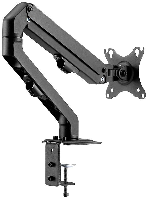 Black monitor mount with articulating arm and desk clamp for flexible screen positioning.