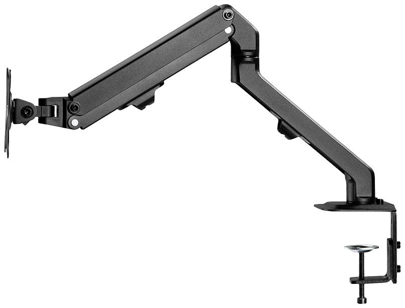 A black monitor arm for desks with adjustable joints and a clamp for mounting, suitable for ergonomic workspaces.