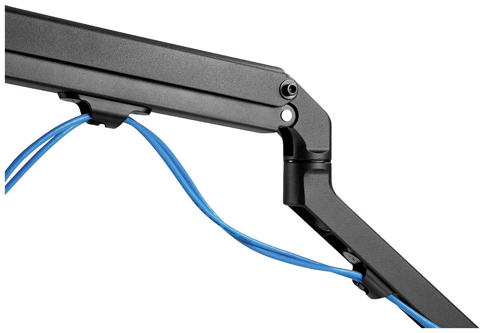 A black articulated arm grips two blue cables and holds them in an organised position.